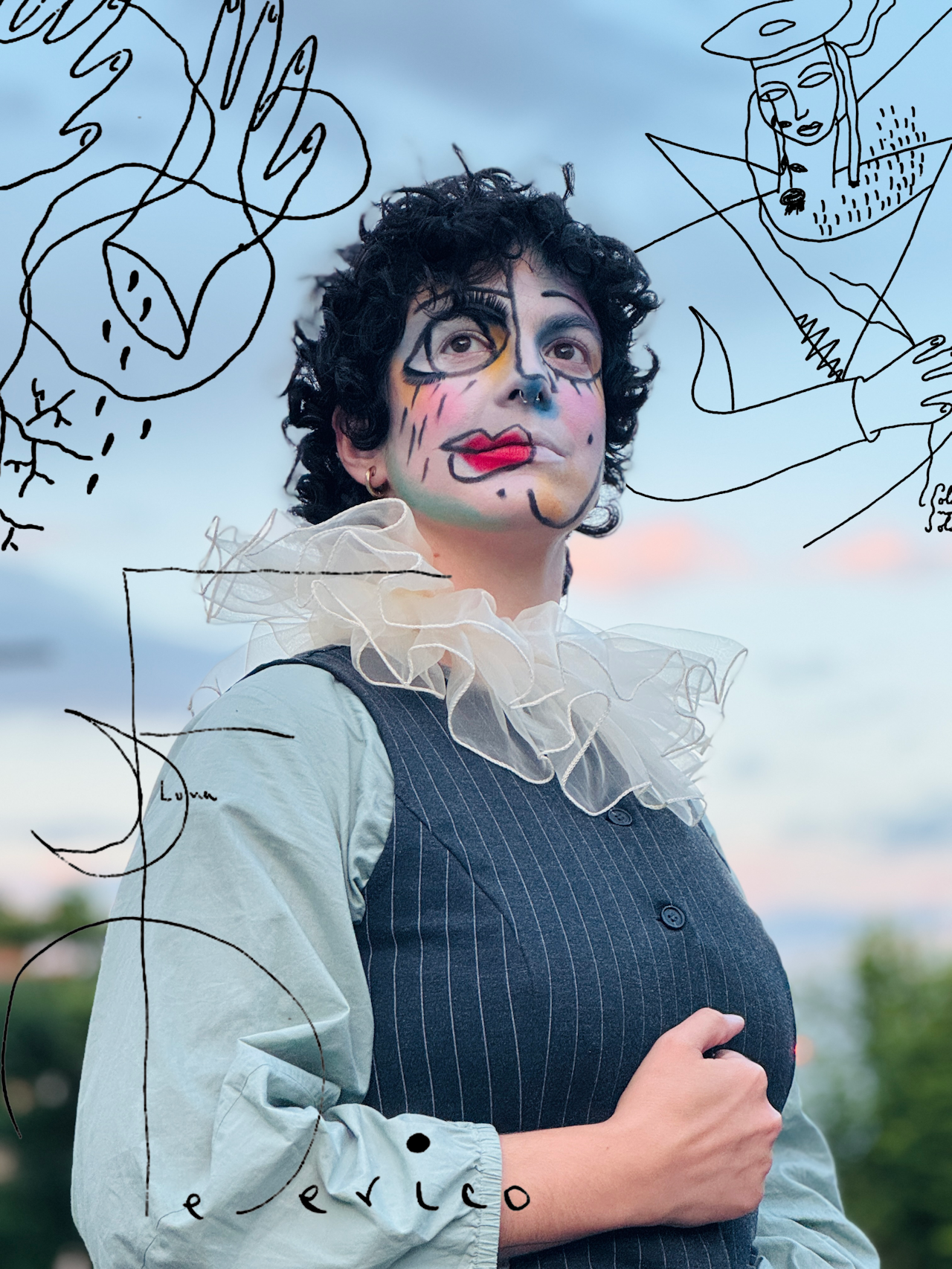 A photo of someone with short, brown curly hair, wearing a ruff, standing outside. They have clown-ish make-up on. Over the image there are illustrative scribbles in black pen.