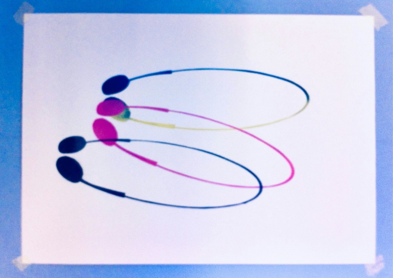An artwork by the artist which uses colourful shadow-style silhouttes of small earphones