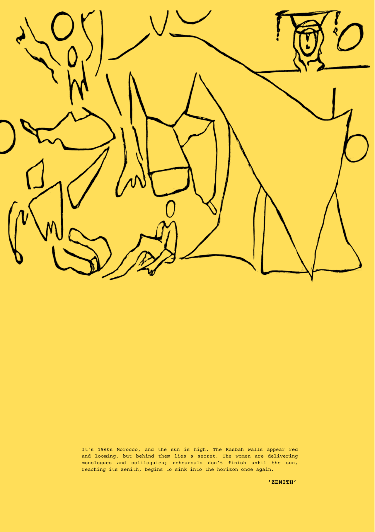 A giclee print in black line on yellow background, showing an abstract scene of people at a kasbah in Morocco